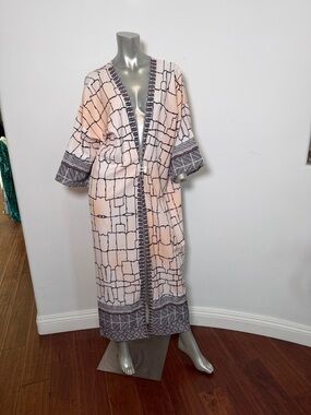 Bohemian Printed Long Kimono Robe Pink Blush Charcoal Summer Cover -Ups Duster
